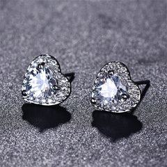 Clear Crystal & Cubic Zirconia Silver-Plated Halo Heart Stud Earrings