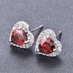 Red Crystal & Cubic Zirconia Silver-Plated Halo Heart Stud Earrings