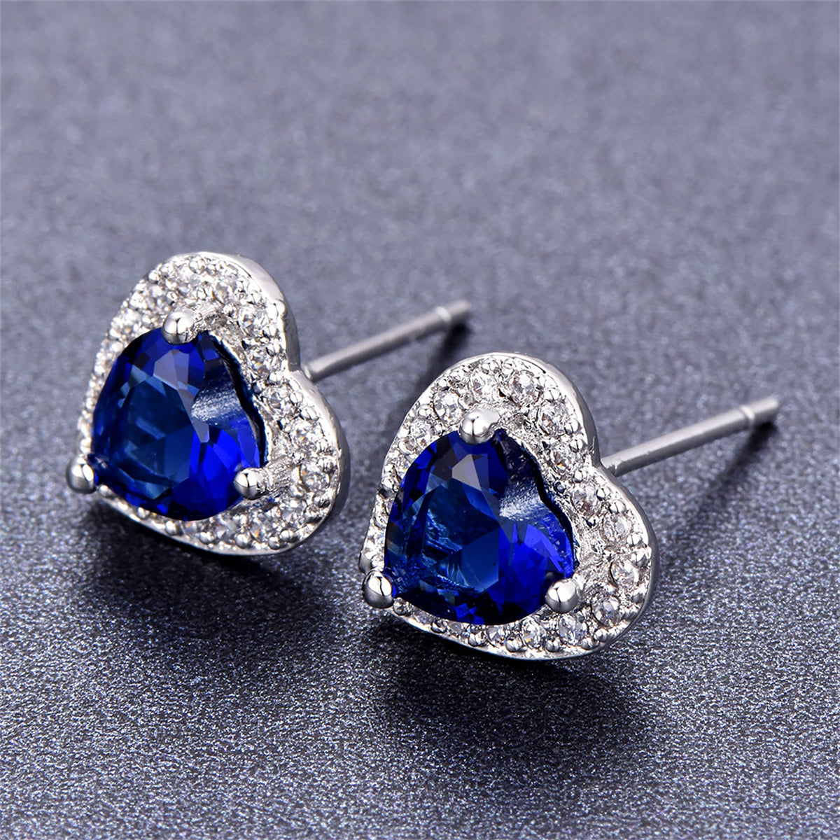 Navy Crystal & Cubic Zirconia Silver-Plated Halo Heart Stud Earrings