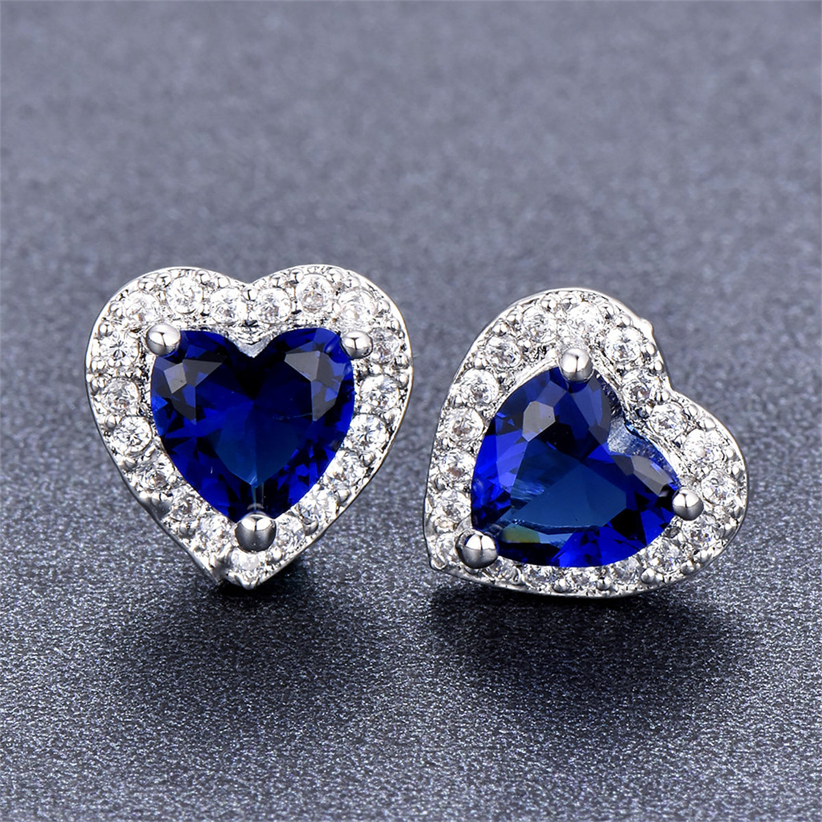 Navy Crystal & Cubic Zirconia Silver-Plated Halo Heart Stud Earrings