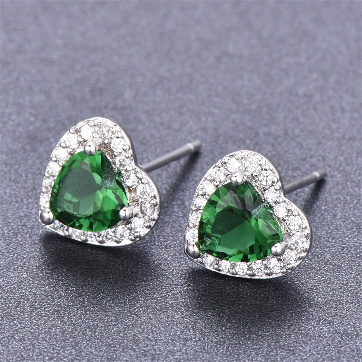 Green Crystal & Cubic Zirconia Silver-Plated Halo Heart Stud Earrings