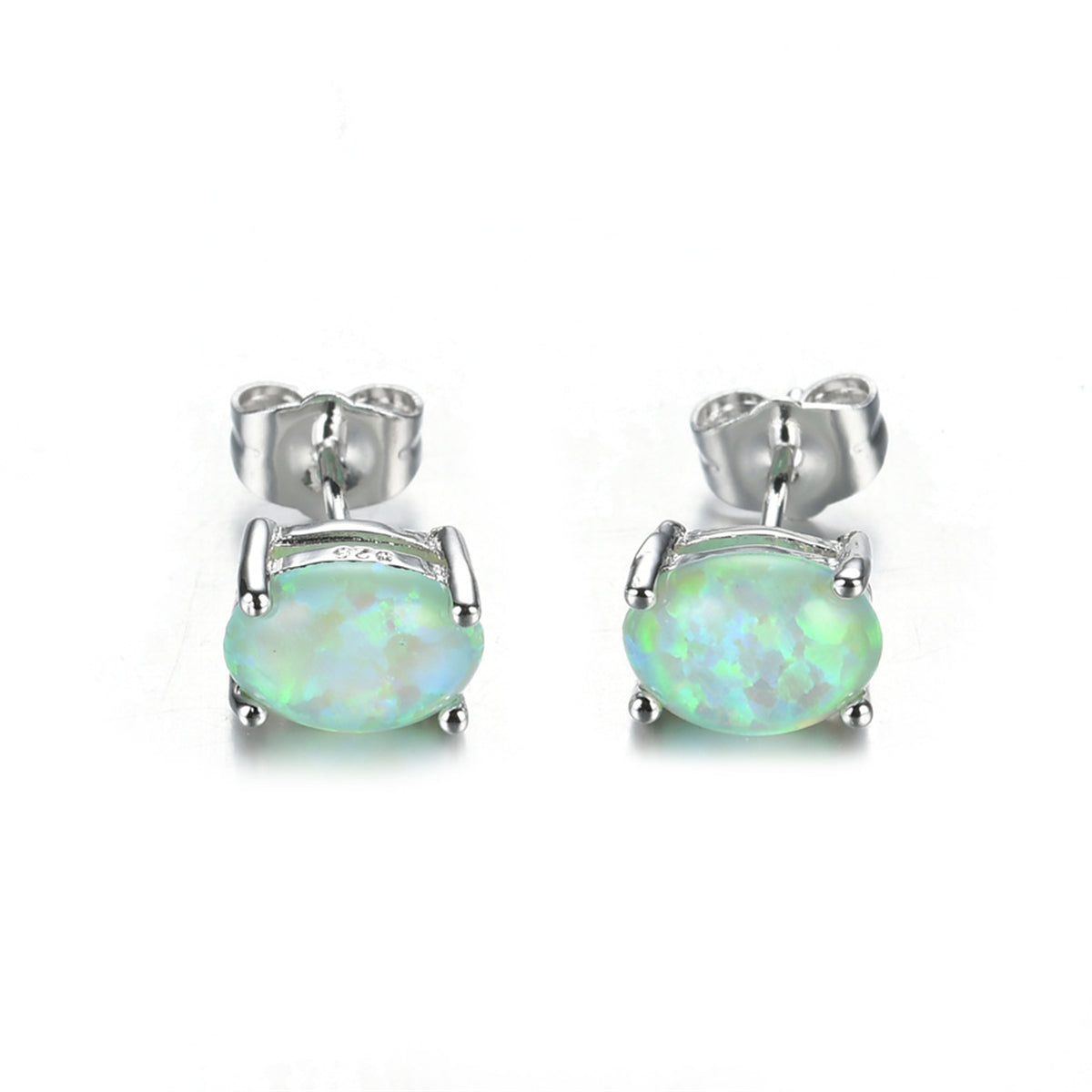 Green Opal & Silver-Plated Oval Stud Earrings