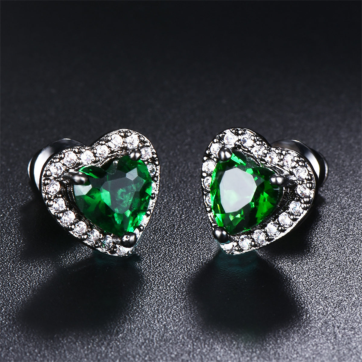 Green Crystal & Cubic Zirconia Rhodium-Plated Halo Heart Stud Earrings