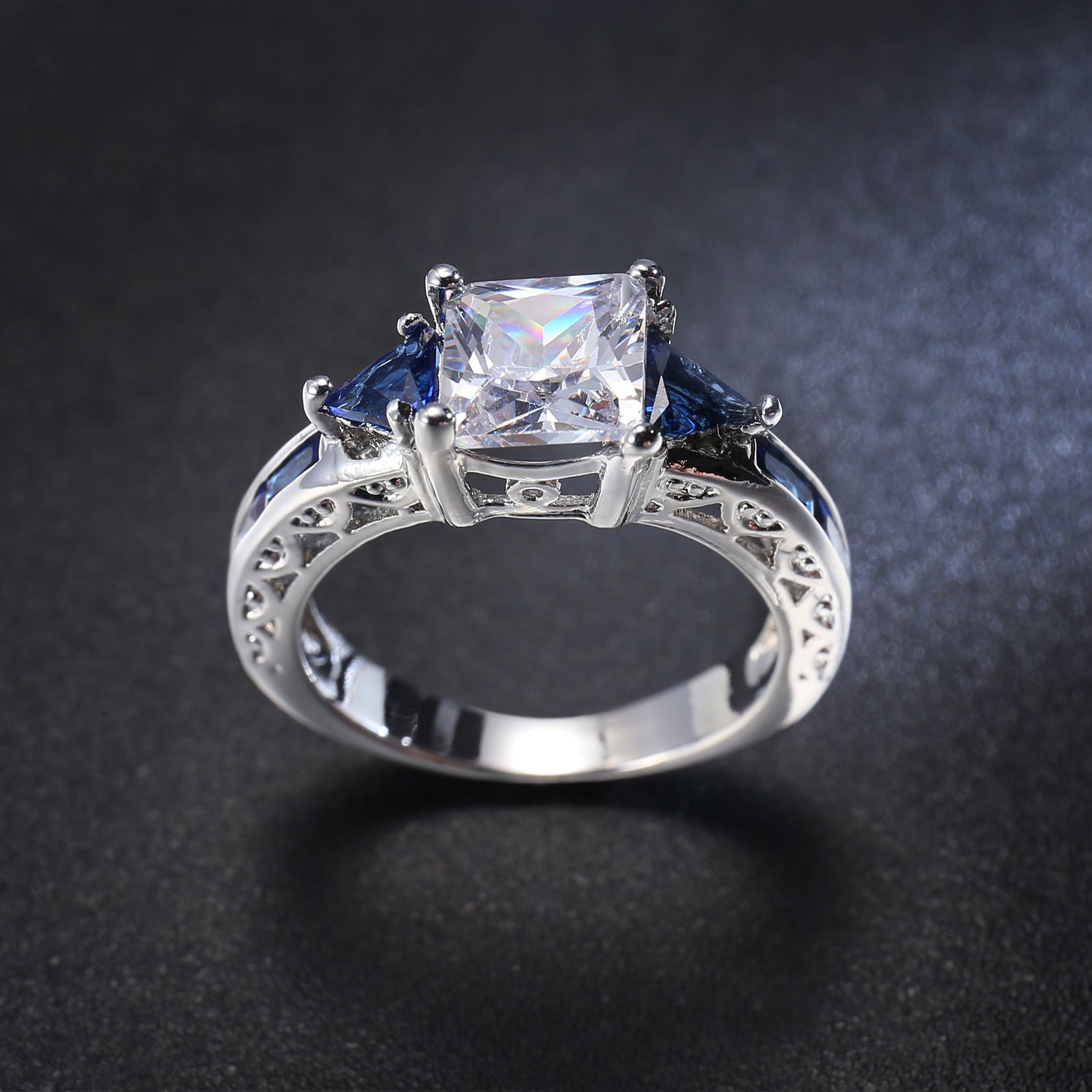 Navy Crystal & Silver-Plated Prong Illusion Ring