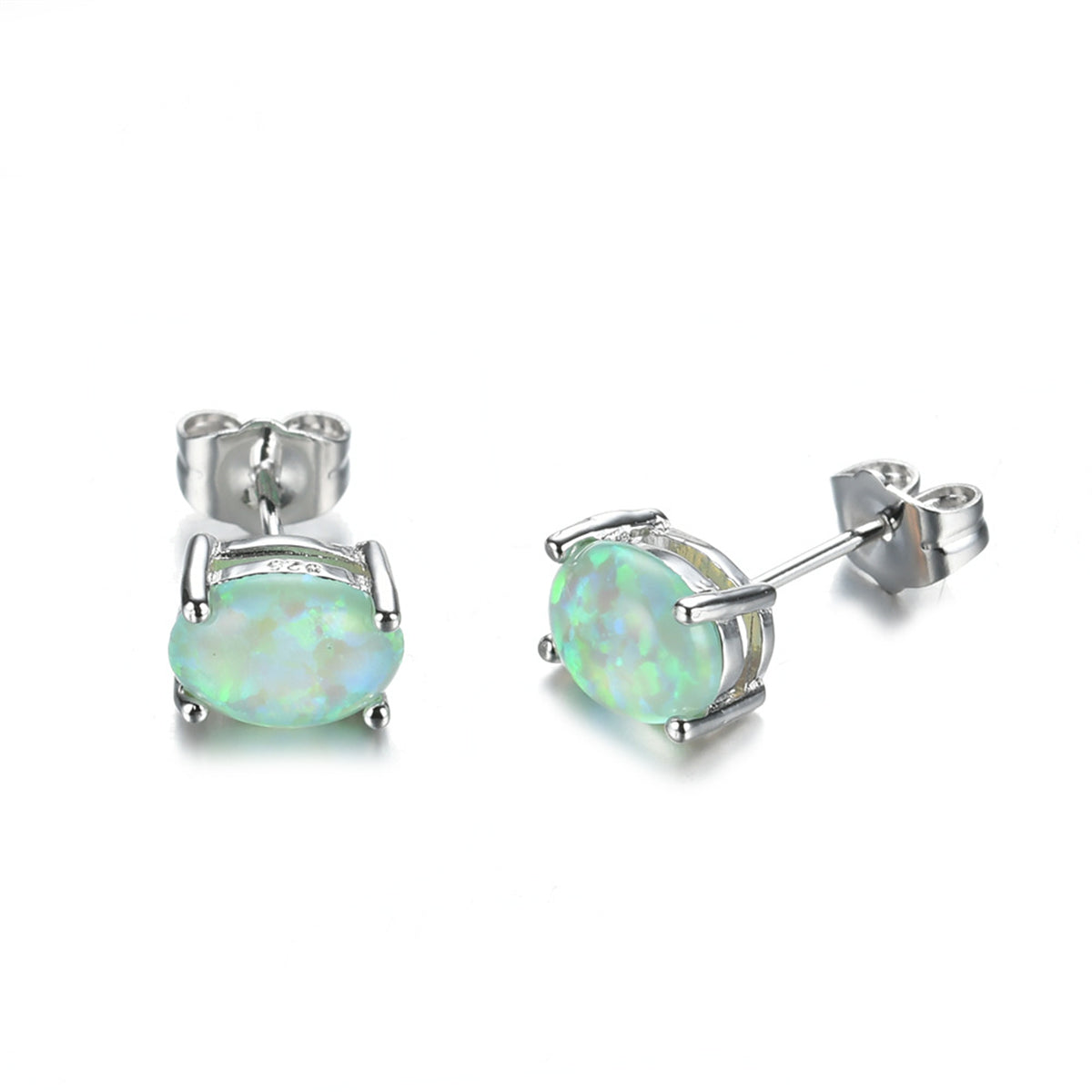 Green Opal & Silver-Plated Oval Stud Earrings