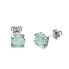 Green Opal & Silver-Plated Oval Stud Earrings