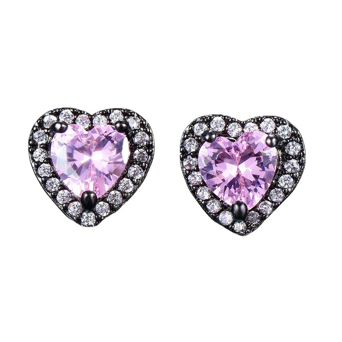 Pink Crystal & Cubic Zirconia Rhodium-Plated Halo Heart Stud Earrings