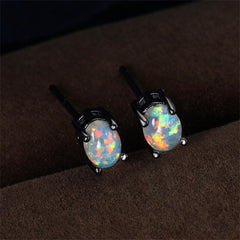 White Opal & Black-Tone Oval Stud Earrings