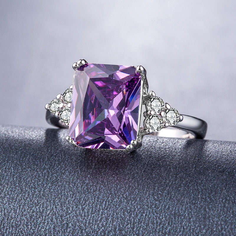 Purple Crystal & Cubic Zirconia Silver-Plated Princess-Cut Ring