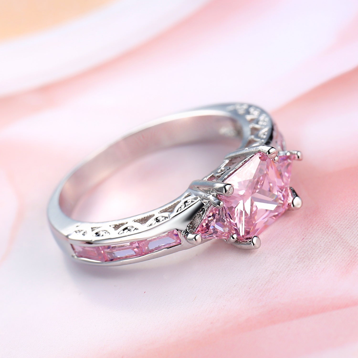 Pink Crystal & Silver-Plated Prong Illusion Ring