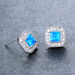 Blue Opal Princess-Cut Halo Stud Earrings