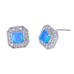 Blue Opal Princess-Cut Halo Stud Earrings