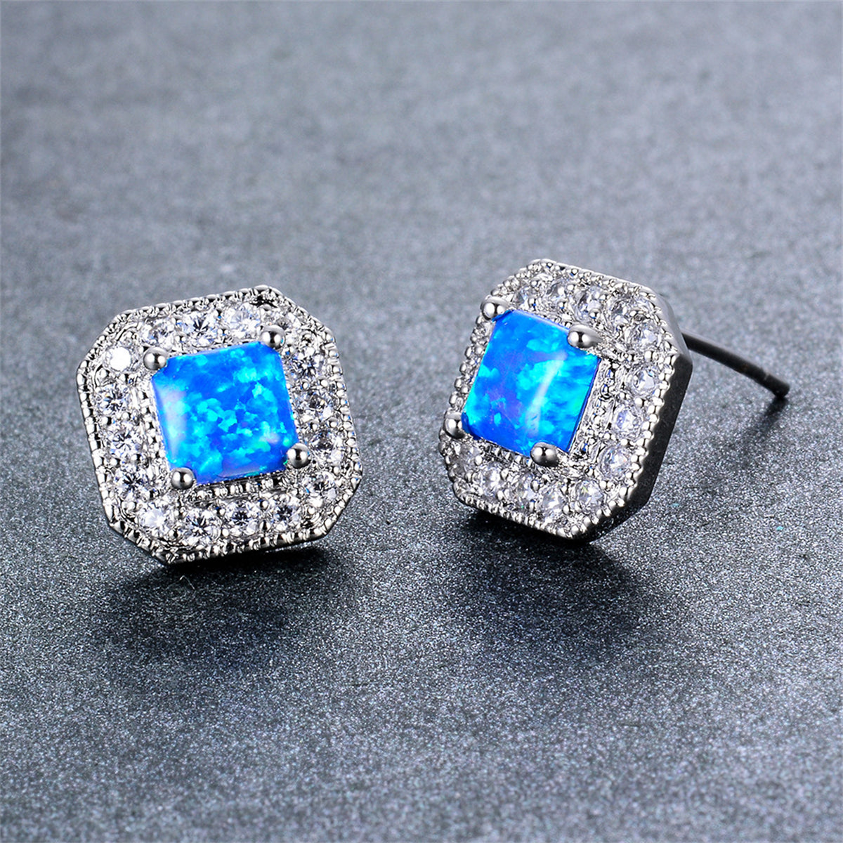 Blue Opal Princess-Cut Halo Stud Earrings