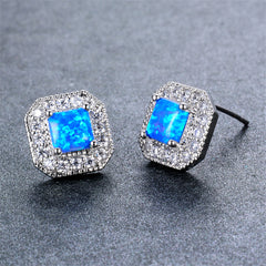 Blue Opal Princess-Cut Halo Stud Earrings