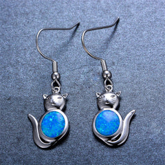 Blue Opal & Silver-Plated Cat Drop Earrings