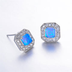 Blue Opal Princess-Cut Halo Stud Earrings