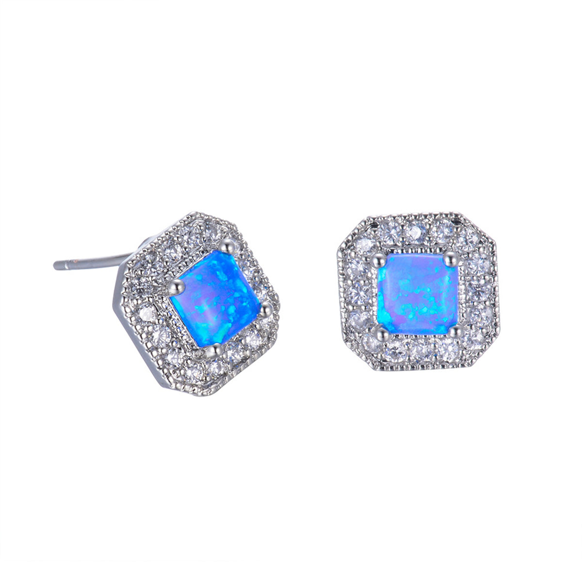 Blue Opal Princess-Cut Halo Stud Earrings