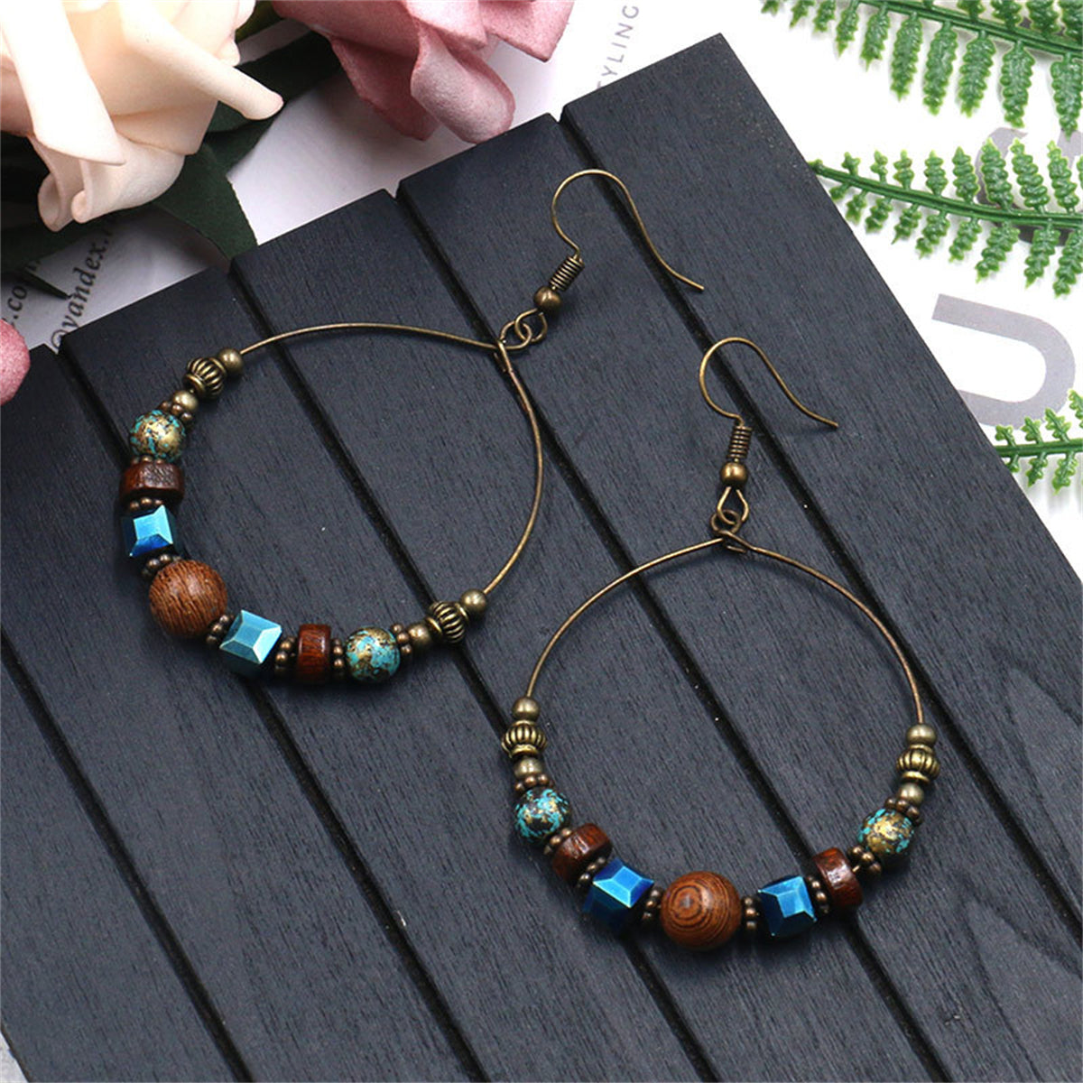 Wood & Acrylic 18K Gold-Plated Beaded Hoop Earrings