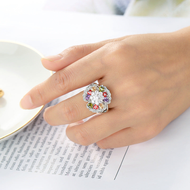 Colorful Cubic Zirconia Ornate Floral Ring