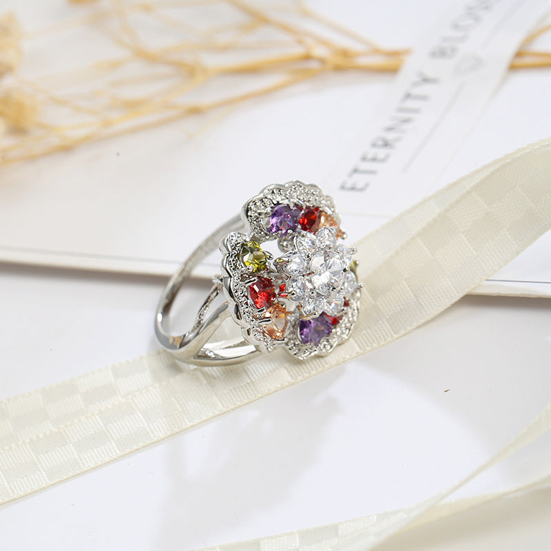 Colorful Cubic Zirconia Ornate Floral Ring