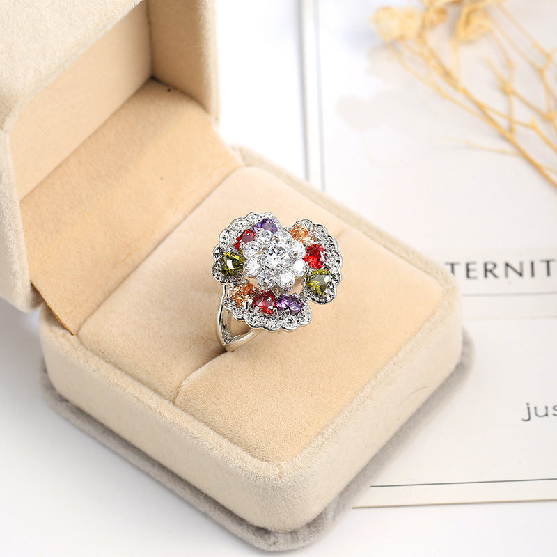 Colorful Cubic Zirconia Ornate Floral Ring