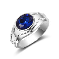 Blue Oval Crystal & Silver-Plated Band Ring