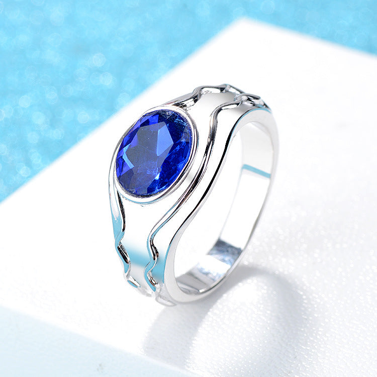 Blue Oval Crystal & Silver-Plated Band Ring