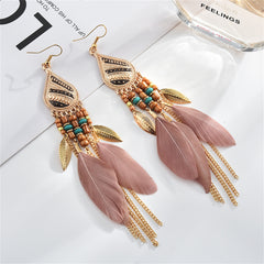 Coffee Feather & 18K Gold-Plated Feather Drop Earrings