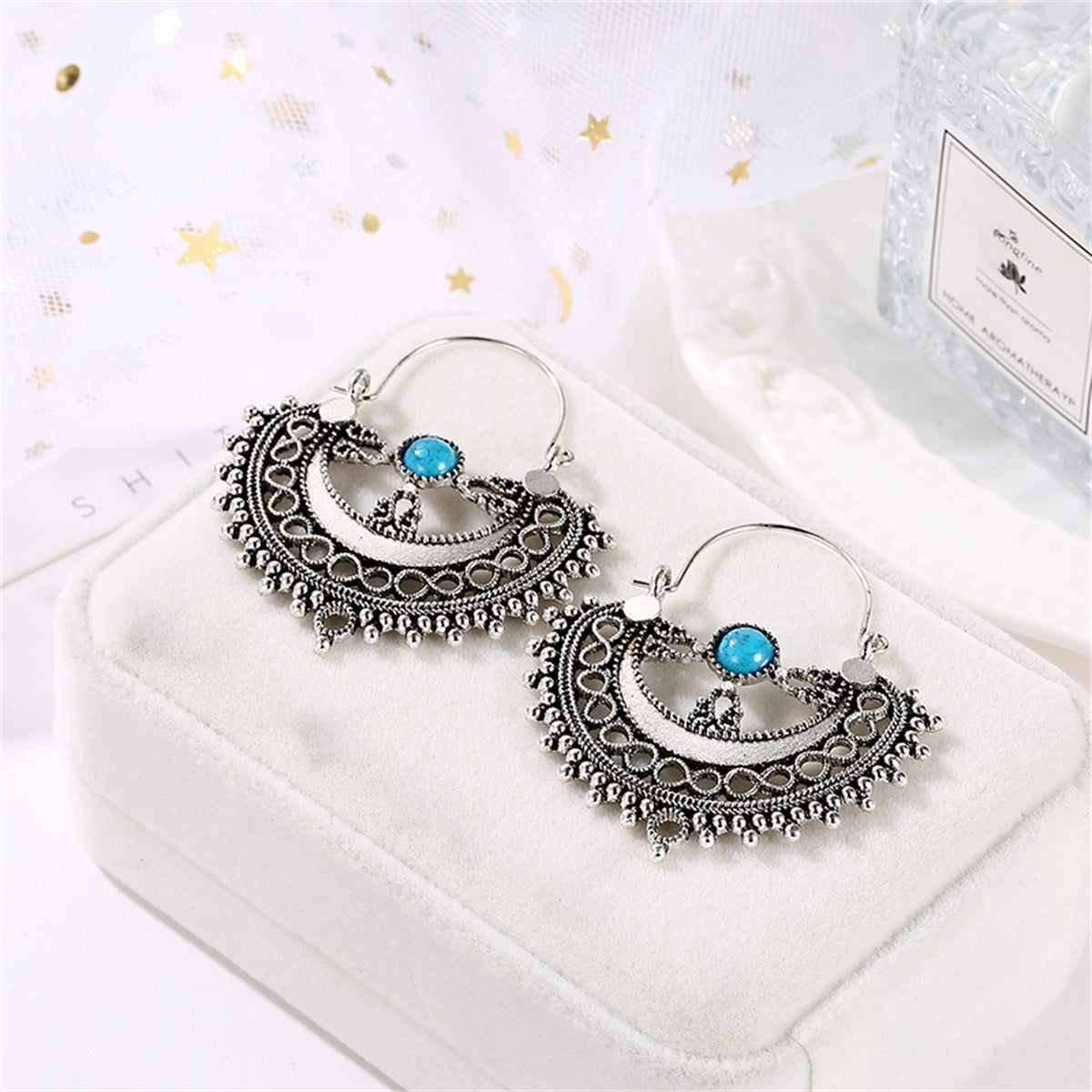 Turquoise & Silver-Plated Half-Circle Huggie Earrings