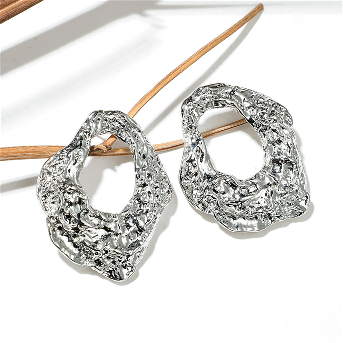 Silver-Plated Wrinkled Geometry Hoop Drop Earrings