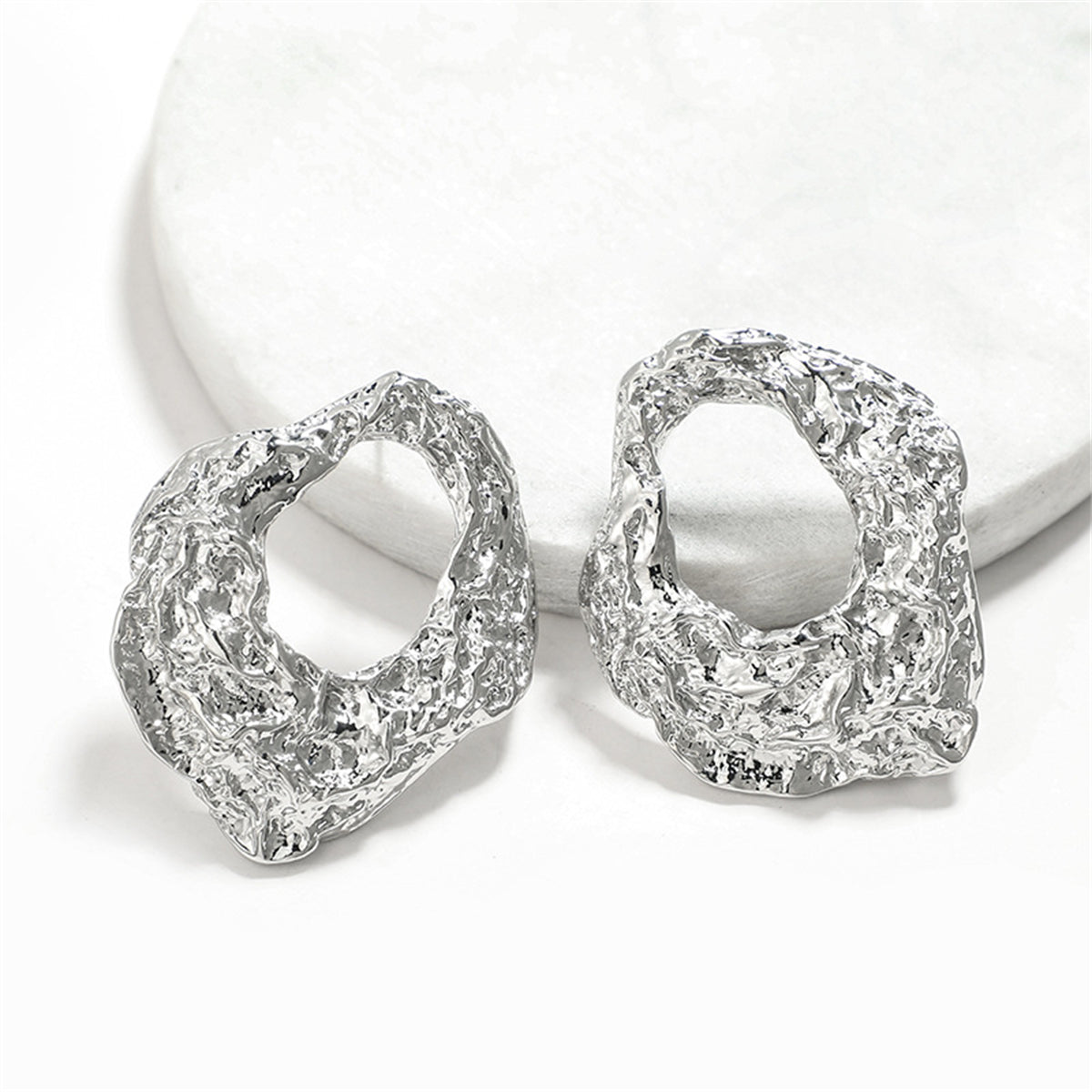 Silver-Plated Wrinkled Geometry Hoop Drop Earrings