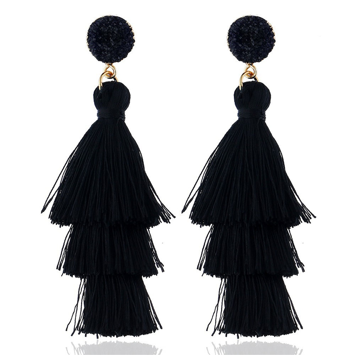 Black Tri-Layered Tassel Drop Earrings