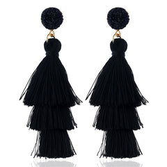 Black Tri-Layered Tassel Drop Earrings