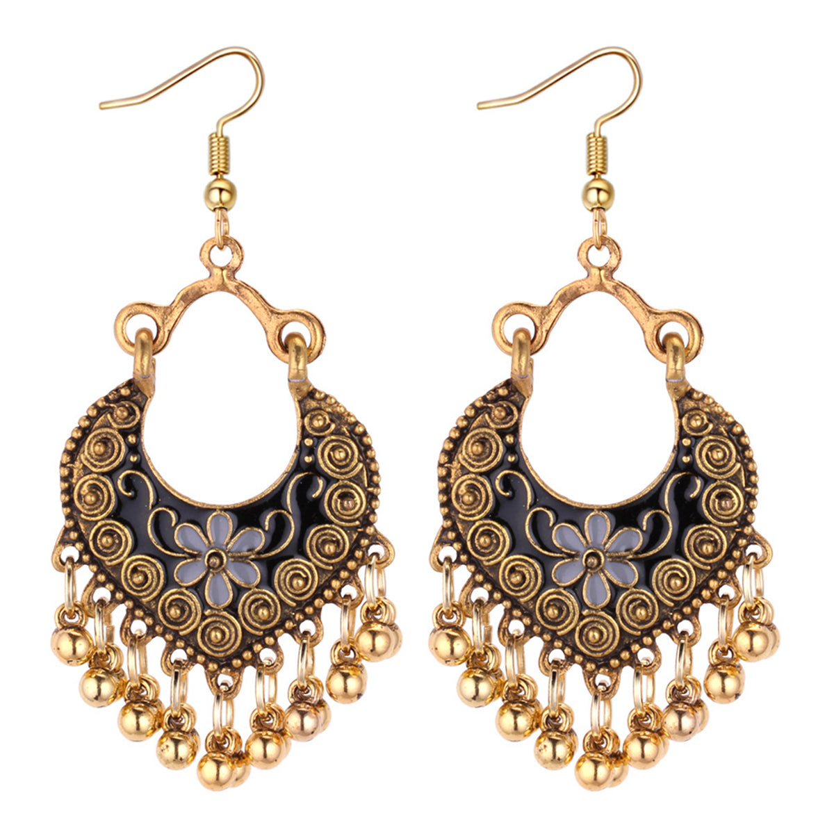 Black Enamel & 18K Gold Plated Ball-Detail Flower Drop Earrings