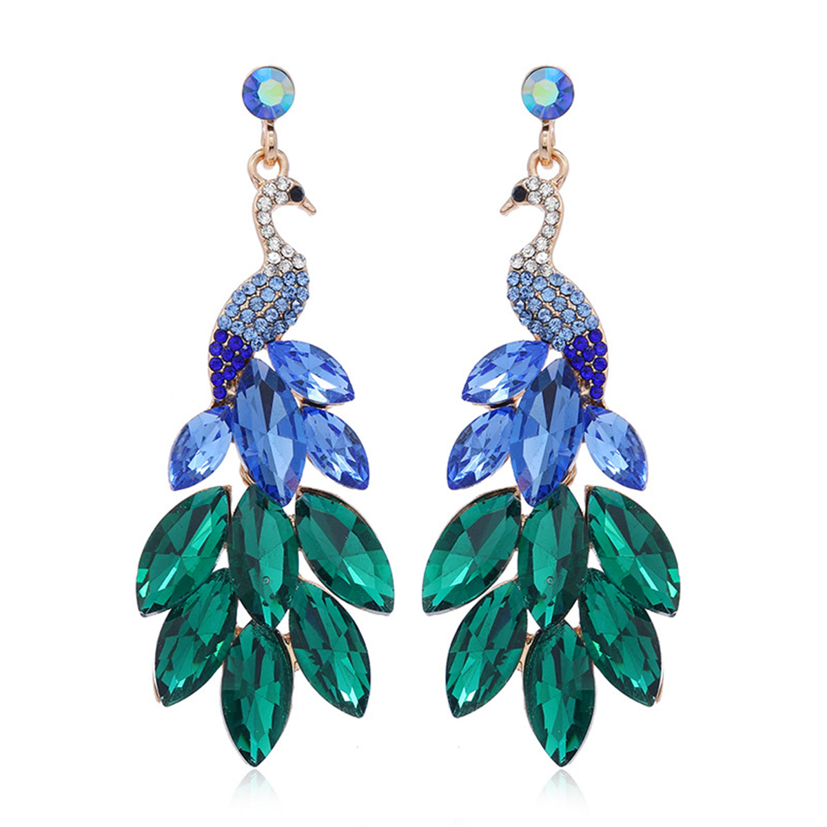 Blue & Green Crystal Cubic Zirconia Peacock Drop Earrings