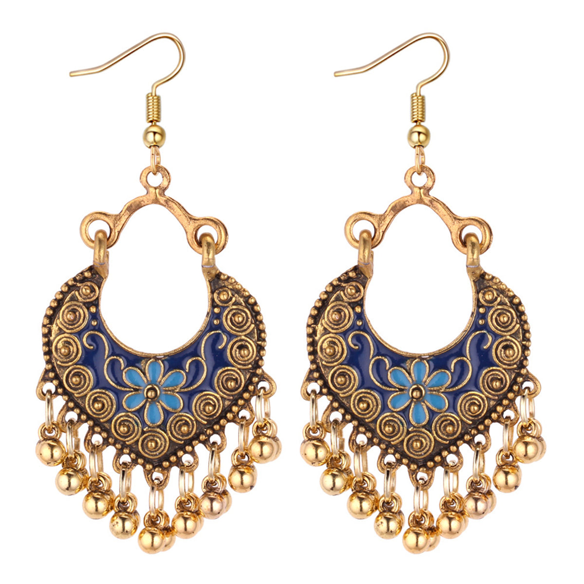 Blue Enamel & 18K Gold Plated Ball-Detail Flower Drop Earrings