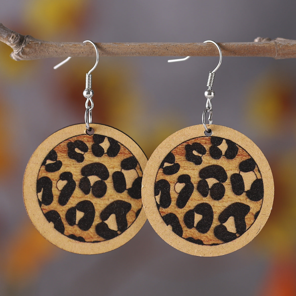 Beige & Silver-Plated Leopard Round Drop Earrings