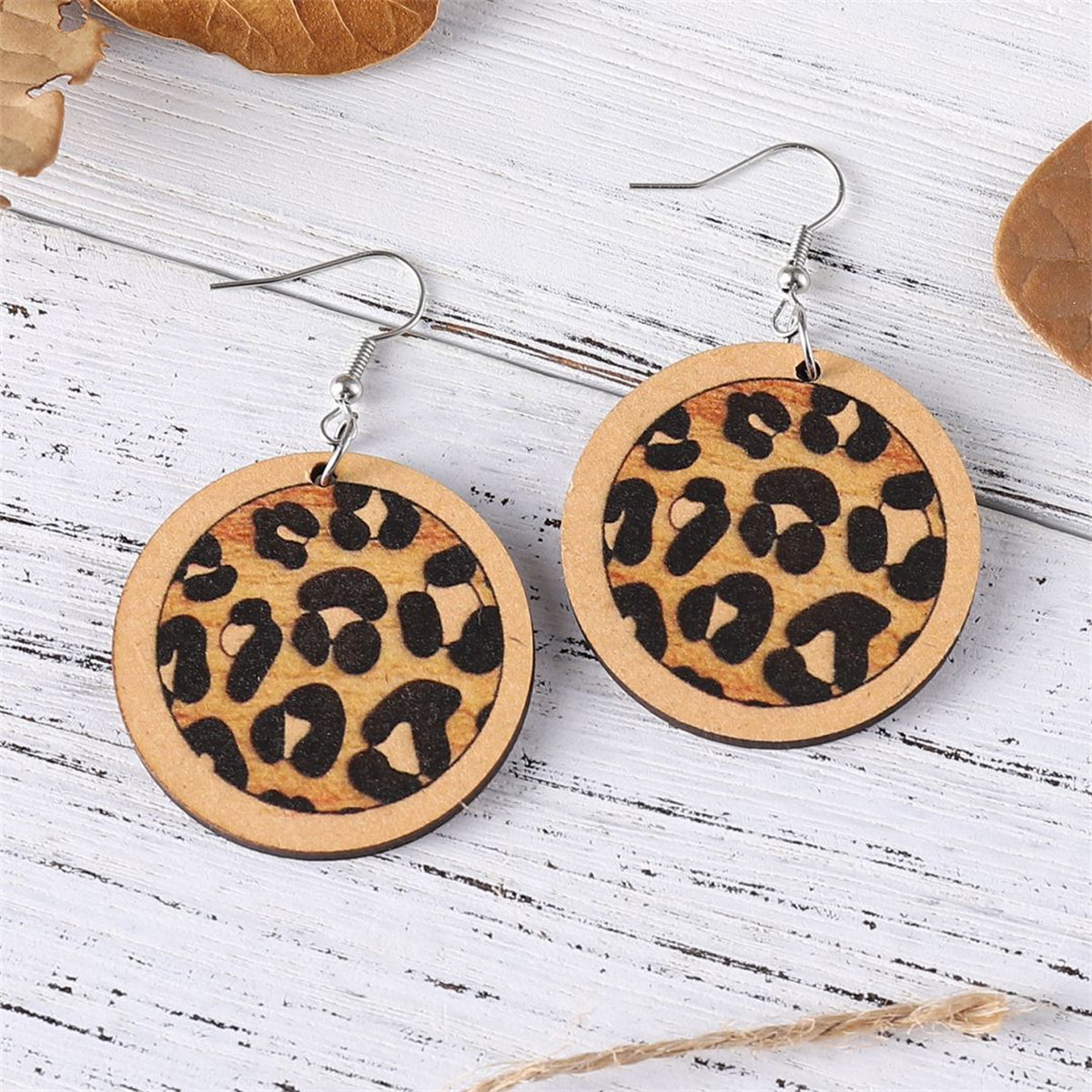 Beige & Silver-Plated Leopard Round Drop Earrings