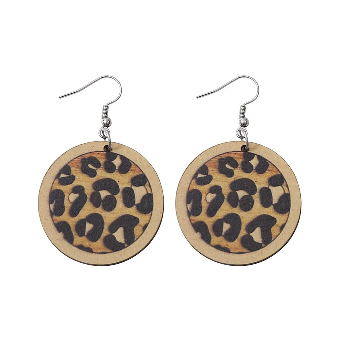 Beige & Silver-Plated Leopard Round Drop Earrings