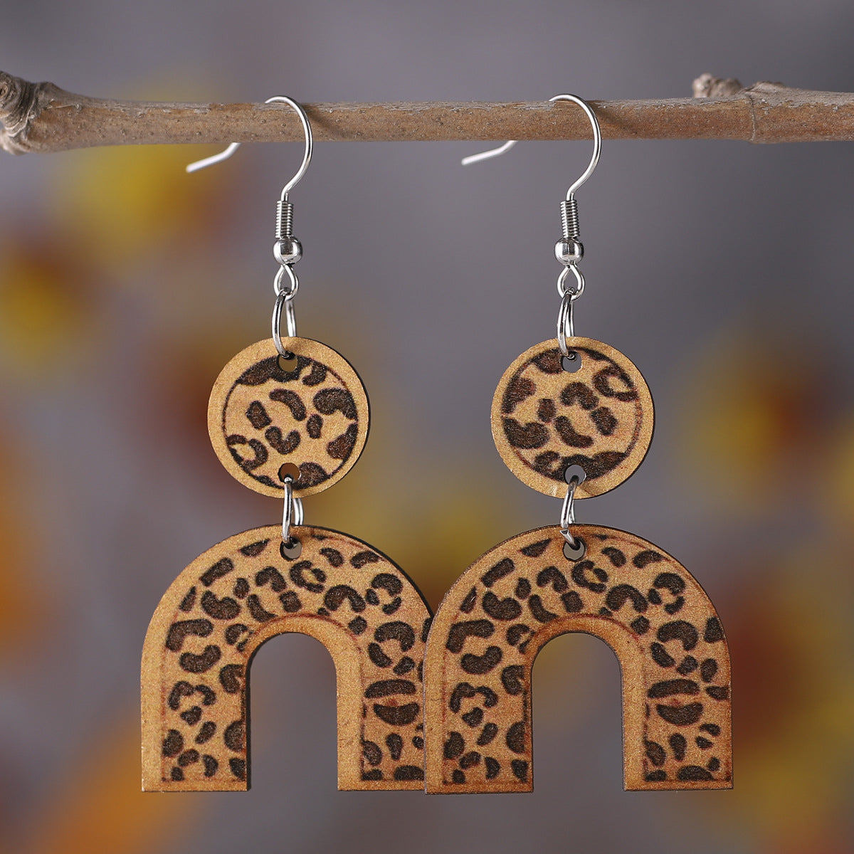 Brown Wood & Silver-Plated Leopard U-Shape Drop Earrings