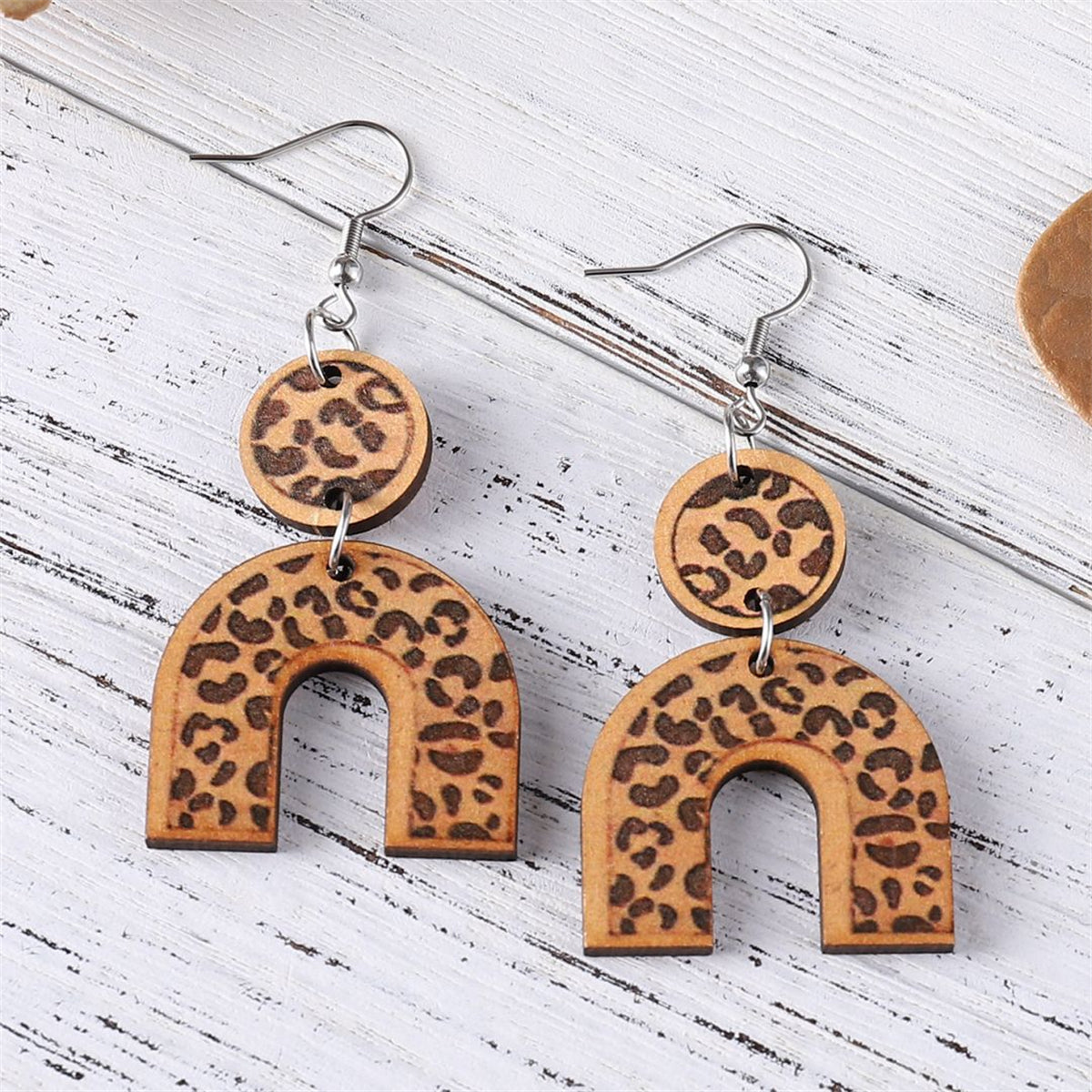 Brown Wood & Silver-Plated Leopard U-Shape Drop Earrings