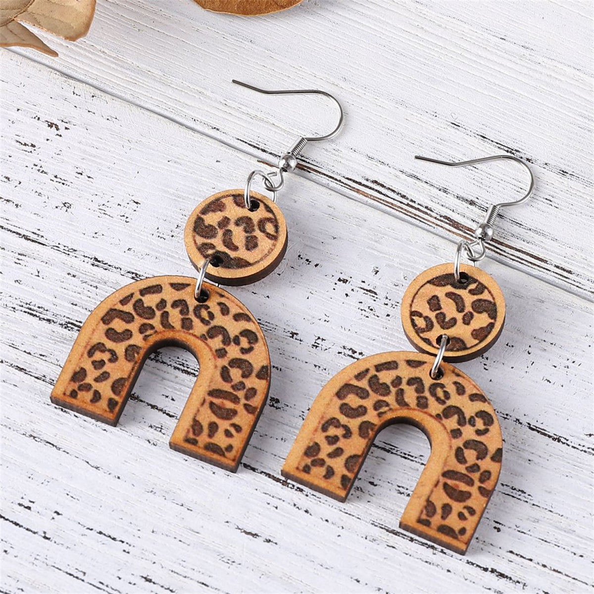 Brown Wood & Silver-Plated Leopard U-Shape Drop Earrings