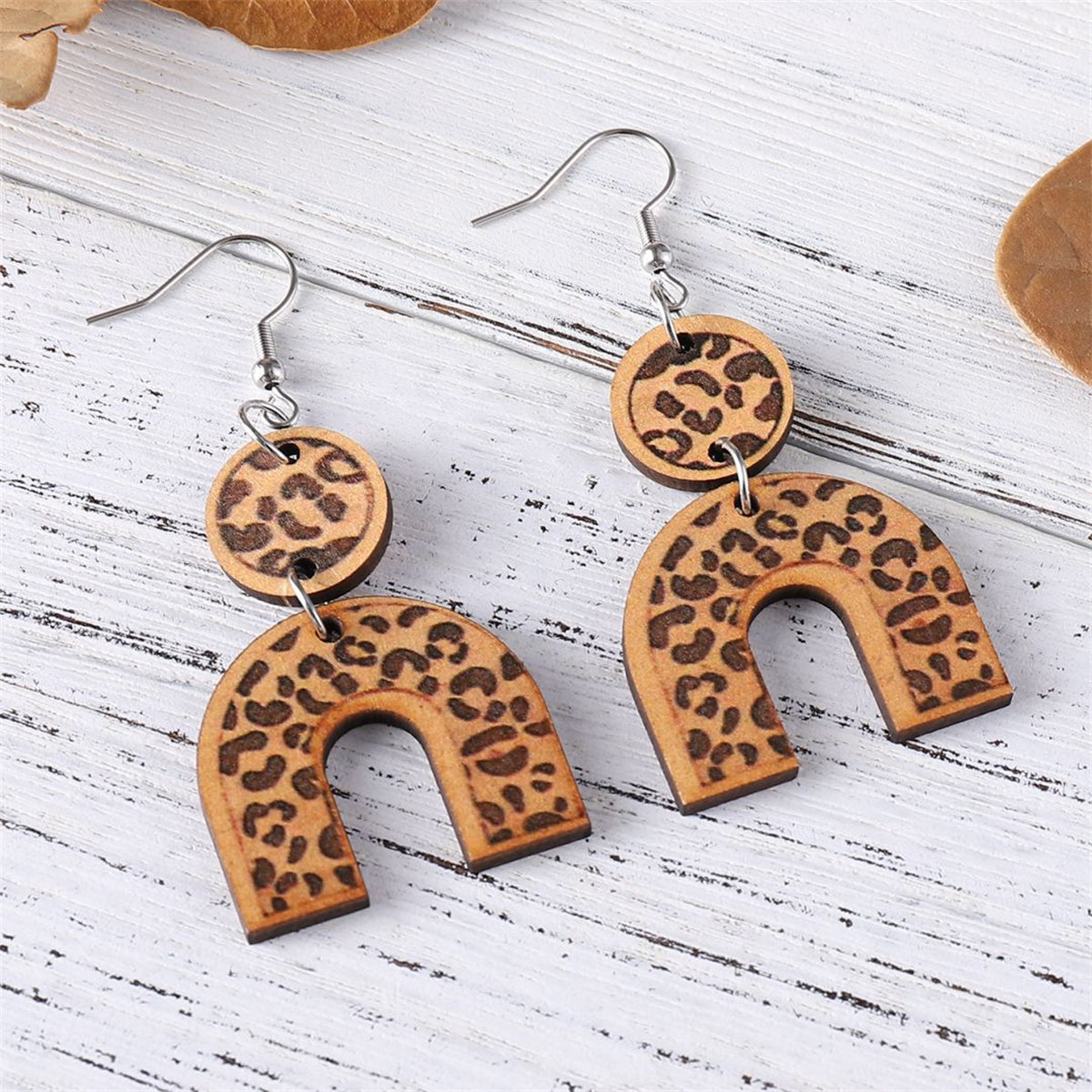 Brown Wood & Silver-Plated Leopard U-Shape Drop Earrings