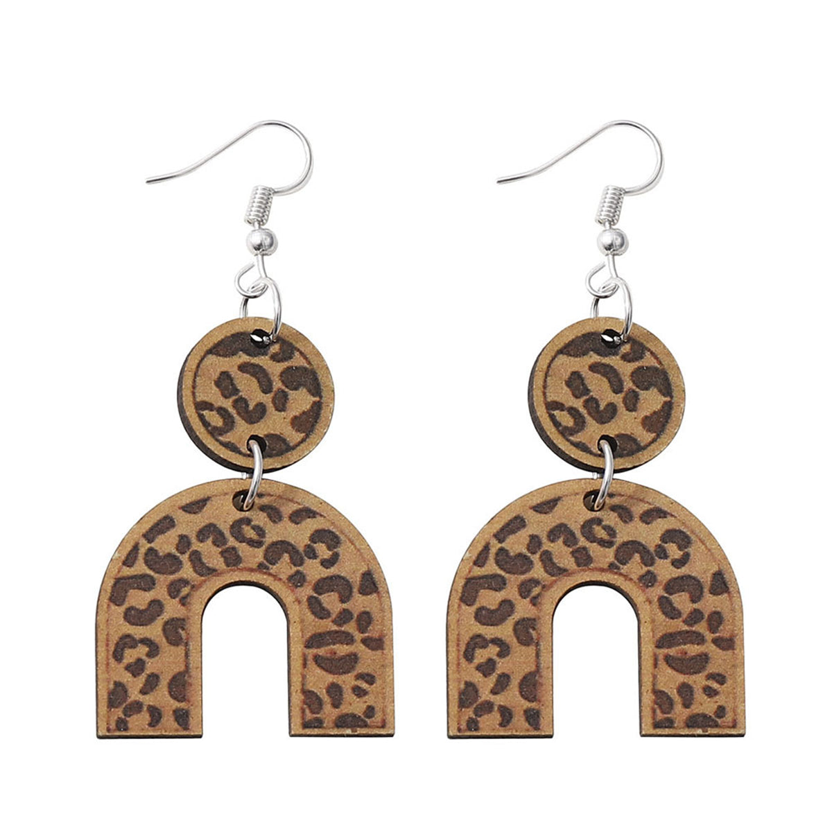 Brown Wood & Silver-Plated Leopard U-Shape Drop Earrings