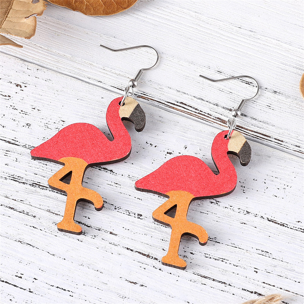 Pink Wood & Silver-Plated Flamingo Drop Earrings