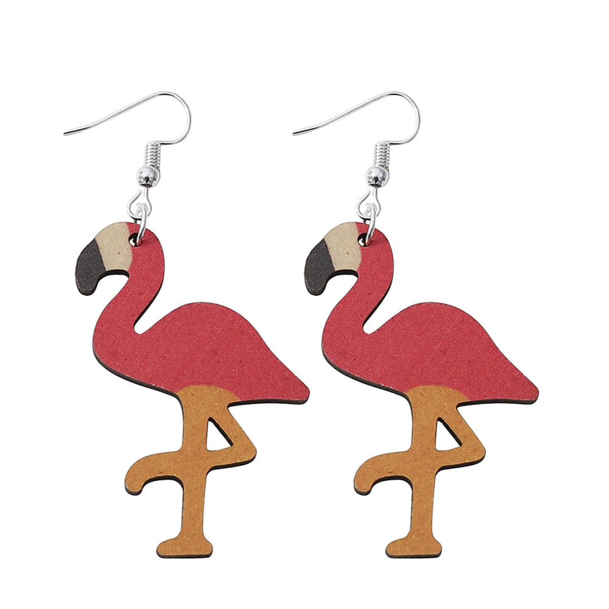 Pink Wood & Silver-Plated Flamingo Drop Earrings