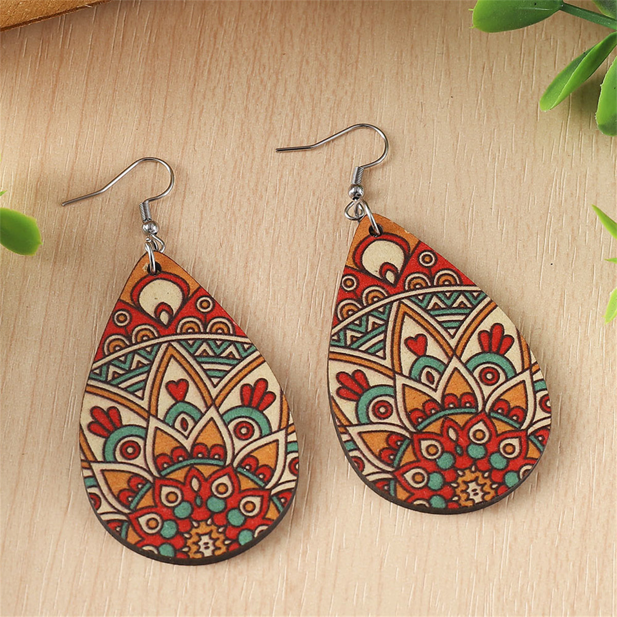 Red Wood & Silver-Plated Botanical Wood Drop Earrings