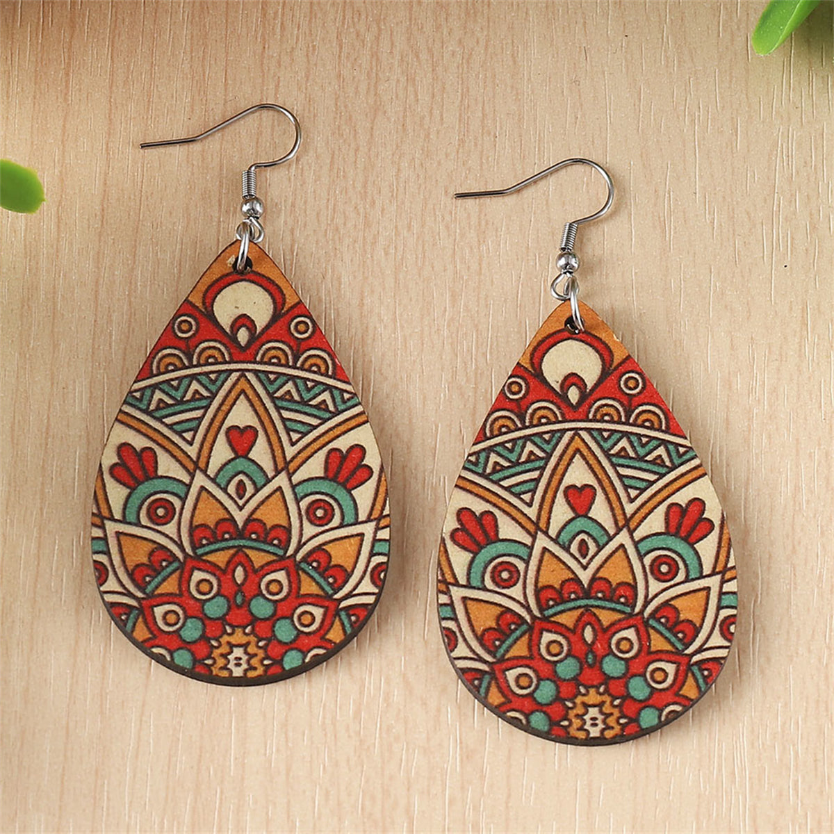 Red Wood & Silver-Plated Botanical Wood Drop Earrings