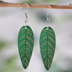 Green Wood & Silver-Plated Textured Leaf Drop Earrings