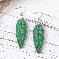 Green Wood & Silver-Plated Textured Leaf Drop Earrings